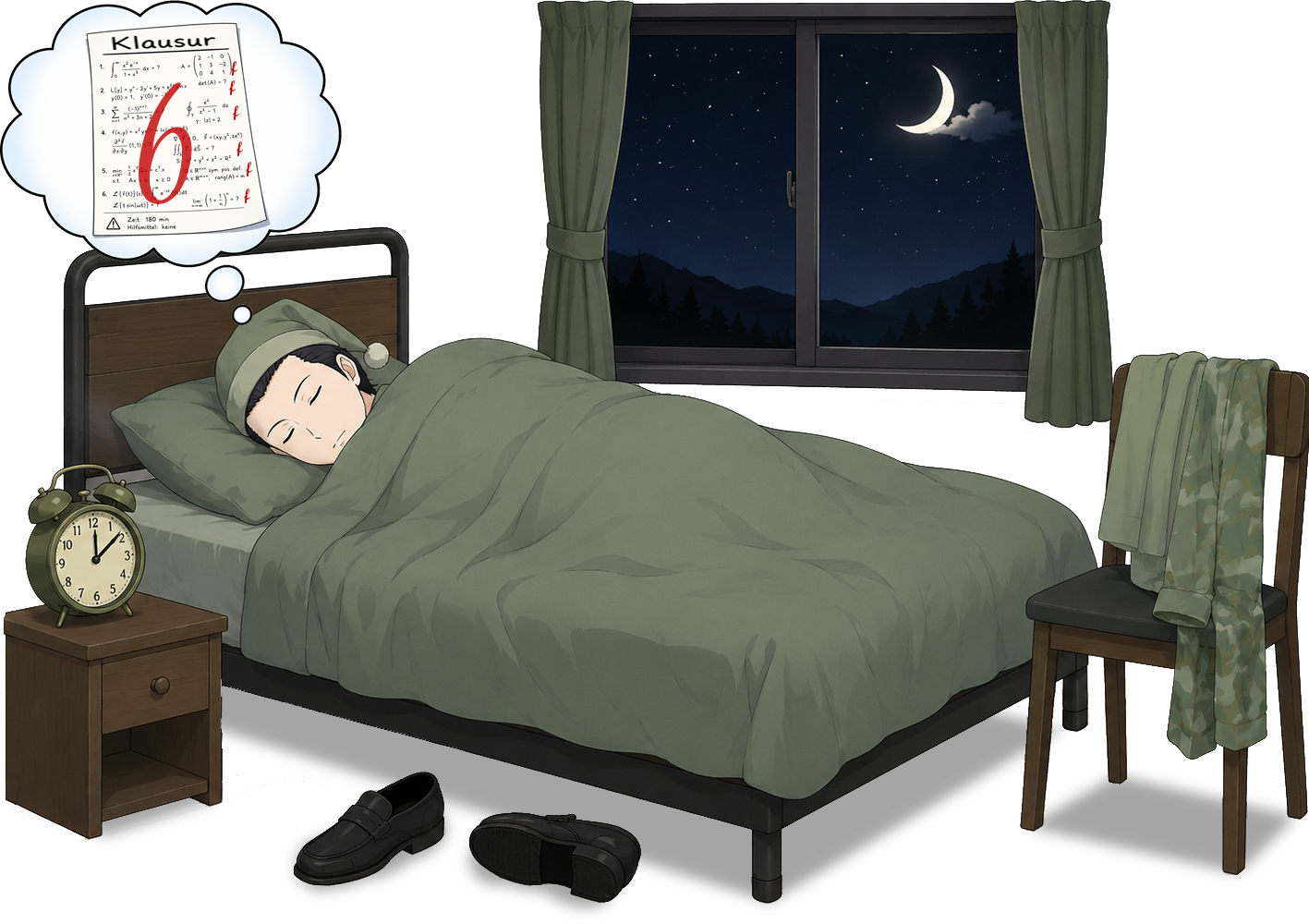 Teilnehmer schläft in einem Bett, während draußen am Nachthimmel eine Mondsichel zu sehen ist
