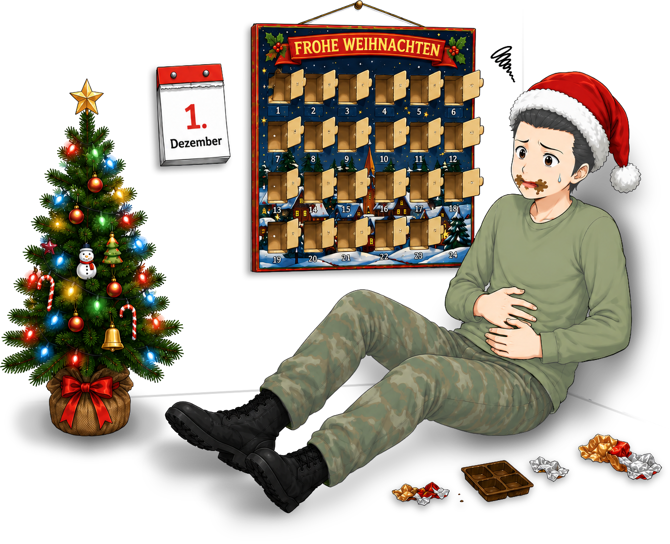 Teilnehmer sitzt mit Weihnachtsmütze und Bauchweh neben einem vollständig geleerten Adventskalender am 1. Dezember