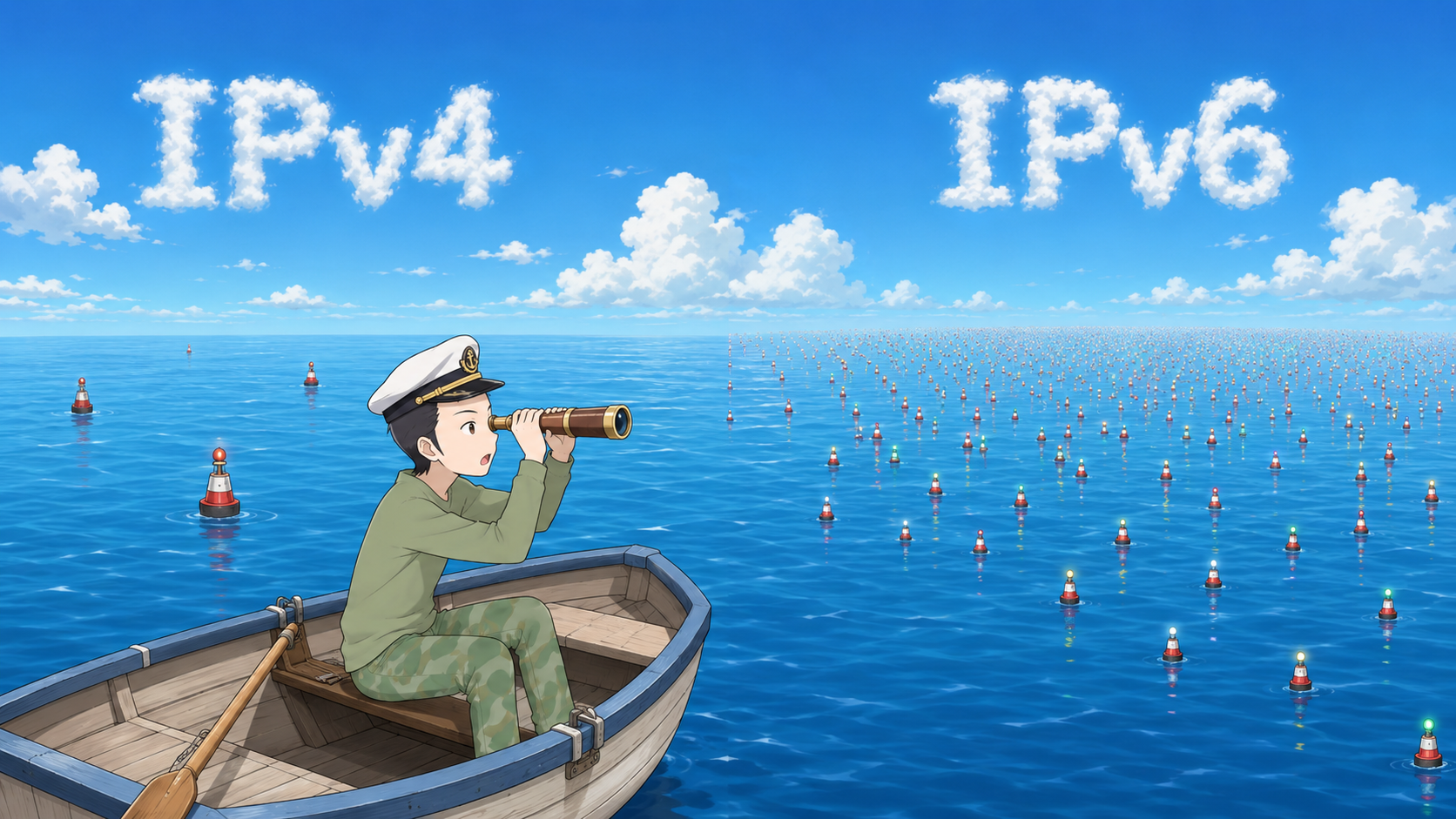 Teilnehmer sucht mit Fernrohr in einem Ruderboot nach IPv4- und IPv6-Adressen