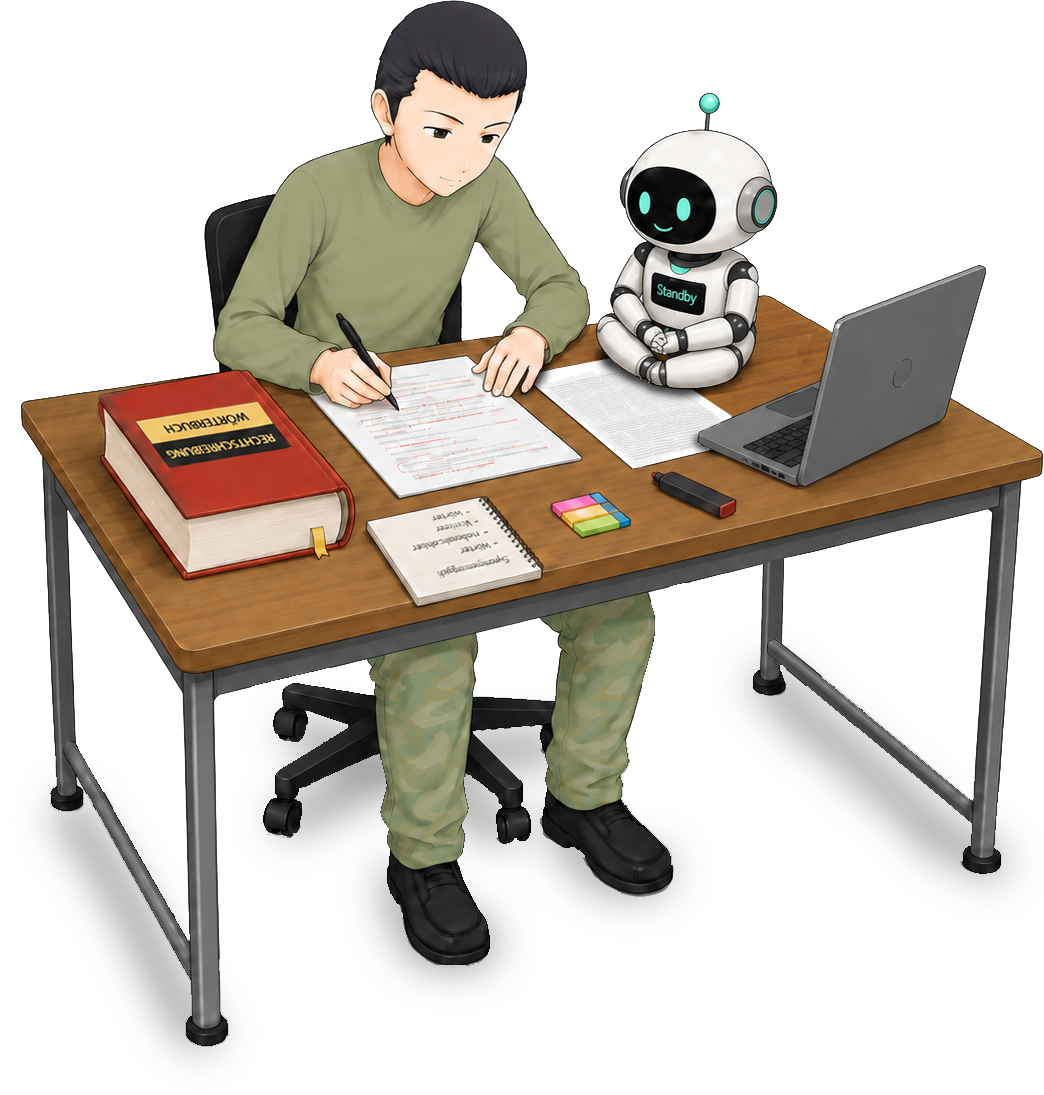 Teilnehmer überarbeitet seine Projektdokumentation mit Wörterbuch, Laptop und KI-Roboter in Bereitschaft